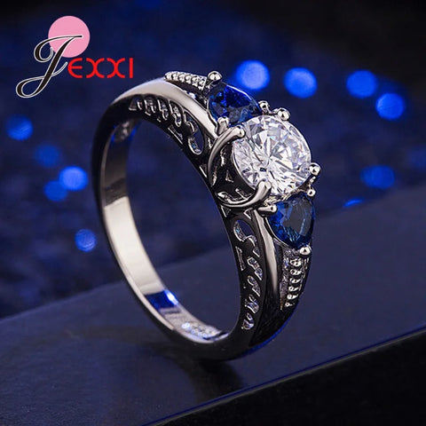 Authentic 925 Sterling Silver Blue Heart Shape Shiny Crystal Promise Finger Rings For Women Christmas Luxury Jewelry Accessory