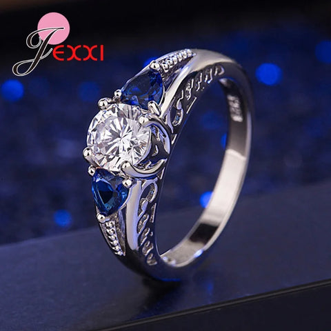 Authentic 925 Sterling Silver Blue Heart Shape Shiny Crystal Promise Finger Rings For Women Christmas Luxury Jewelry Accessory