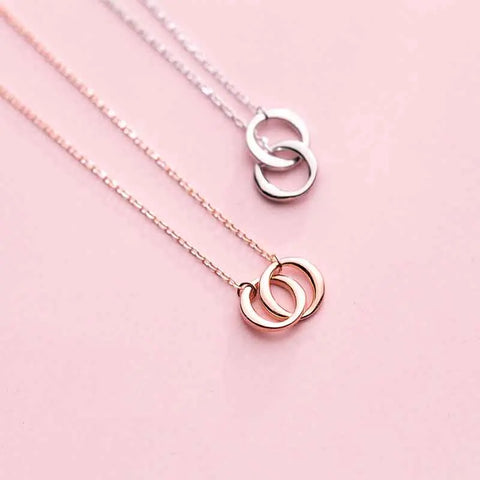 S925 Silver Necklace Classic Simple Two Circle Interlocking Pendant Temperament Necklace Round Clavicle Chain Jewelry for Women