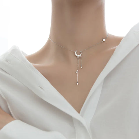 925 Sterling Silver  Moon Tassel Star Pendant Short Necklace For Women Wedding S925 Necklace