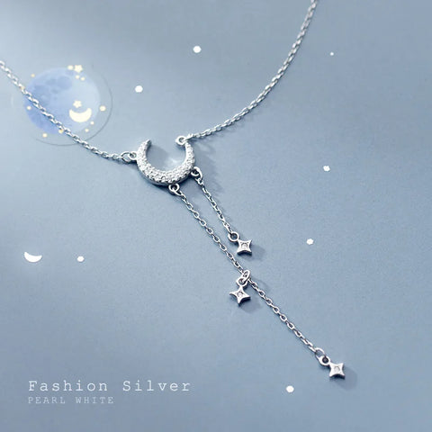 925 Sterling Silver  Moon Tassel Star Pendant Short Necklace For Women Wedding S925 Necklace