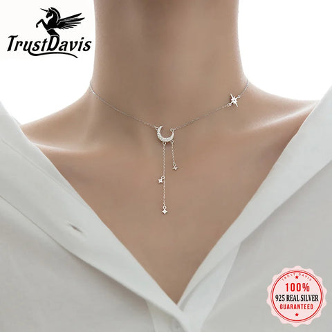 925 Sterling Silver  Moon Tassel Star Pendant Short Necklace For Women Wedding S925 Necklace