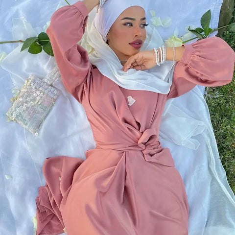 Summer Satin Abaya Hijab Muslim Wrap Dress Eid Mubarak Abayas for Women Dubai African Dresses Turkey Islam Modest Kaftan Robe